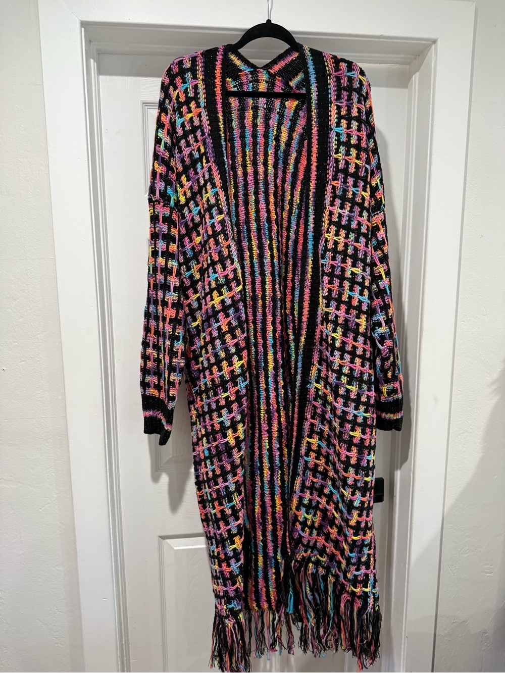 Multicolor Fringe Long Open Cardigan